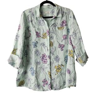 Charter Club Luxury Top Women's XL Linen Blue Floral 3/4 Sleeve Button Up Office